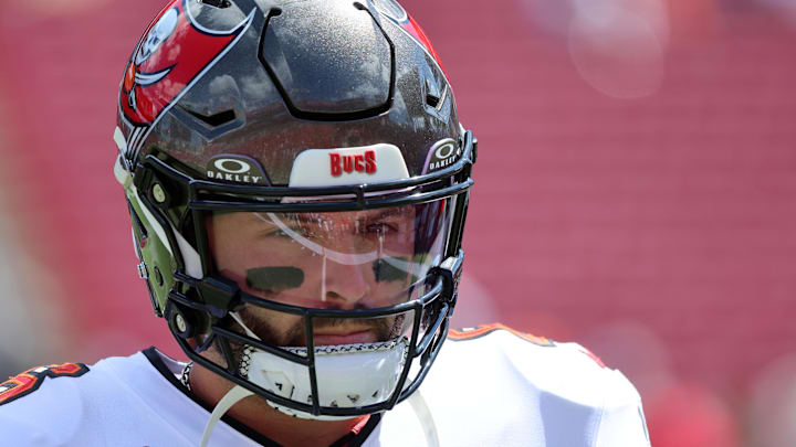 Sep 22, 2024; Tampa, Florida, USA; Tampa Bay Buccaneers quarterback Baker Mayfield (6) works out prior the game against the Denver Broncos at Raymond James Stadium. Mandatory Credit: Kim Klement Neitzel-Imagn Images