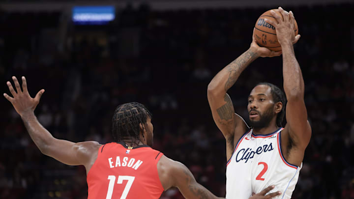 Feb 11, 2026; Houston, Texas, USA; Los Angeles Clippers forward Kawhi Leonard (2) is defended by Houston Rockets forward Tari Eason (17) in the first quarter at Toyota Center. Mandatory Credit: Thomas Shea-Imagn Images Feb 11, 2026; Houston, Texas, USA; Los Angeles Clippers forward Kawhi Leonard (2) is defended by Houston Rockets forward Tari Eason (17) in the first quarter at Toyota Center. Mandatory Credit: Thomas Shea-Imagn Images