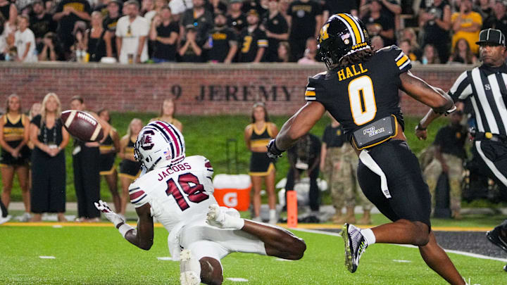Sep 20, 2025; Columbia, Missouri, USA; South Carolina Gamecocks wide receiver Vandrevius Jacobs (19) makes a diving catch as Missouri Tigers cornerback Stephen Hall (0) looks on during the second half of the game at Faurot Field at Memorial Stadium. Mandatory Credit: Denny Medley-Imagn Images