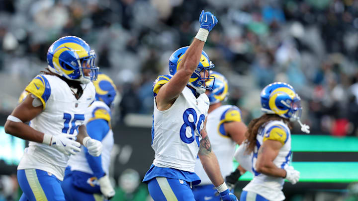 Dec 22, 2024; East Rutherford, New Jersey, USA; Los Angeles Rams tight end Tyler Higbee (89) celebrates his touchdown against the New York Jets during the fourth quarter at MetLife Stadium. Mandatory Credit: Brad Penner-Imagn Images