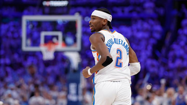 May 26, 2026; Oklahoma City, Oklahoma, USA; Oklahoma City Thunder guard Shai Gilgeous-Alexander (2) reacts after a play during the third quarter against the San Antonio Spurs in game five of the western conference finals for the 2026 NBA playoffs at Paycom Center. Mandatory Credit: Alonzo Adams-Imagn Images May 26, 2026; Oklahoma City, Oklahoma, USA; Oklahoma City Thunder guard Shai Gilgeous-Alexander (2) reacts after a play during the third quarter against the San Antonio Spurs in game five of the western conference finals for the 2026 NBA playoffs at Paycom Center. Mandatory Credit: Alonzo Adams-Imagn Images