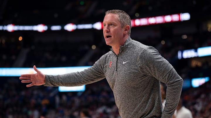 Georgia Bulldogs head coach Mike White works the sideline during their first round game of the SEC Men's Basketball Tournament against the Oklahoma Sooners at Bridgestone Arena in Nashville, Tenn., Wednesday, March 12, 2025.