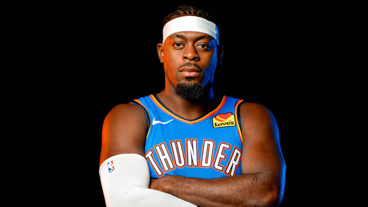 Luguentz Dort is pictured during the Thunder media day at the Paycom Center in Oklahoma City, on Monday, Sept. 30, 2024.