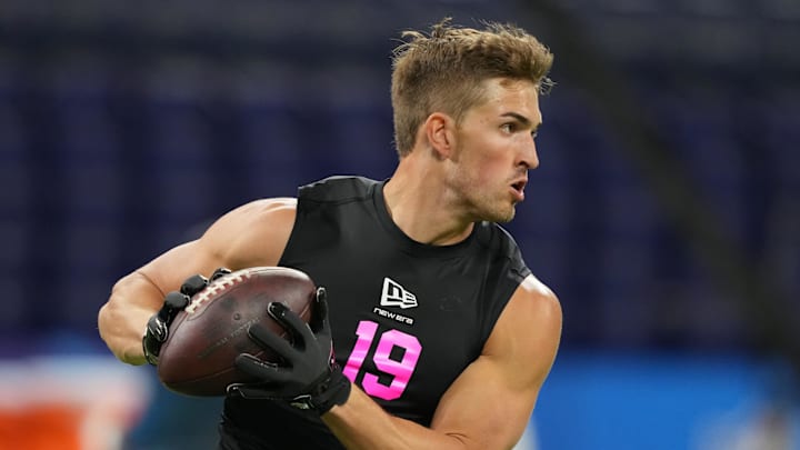 Feb 27, 2026; Indianapolis, IN, USA; Notre Dame tight end  Eli Raridon (TE19) during the NFL Scouting Combine at Lucas Oil Stadium. Mandatory Credit: Kirby Lee-Imagn Images