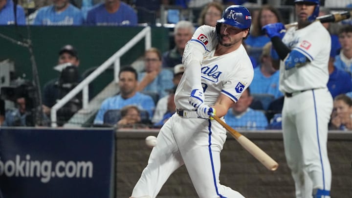 Kansas City Royals first baseman Vinnie Pasquantino (9) hits a ground ball during the fourth inning against the New York Yankees during game four of the ALDS for the 2024 MLB Playoffs at Kauffman Stadium on Oct 10. Kansas City Royals first baseman Vinnie Pasquantino (9) hits a ground ball during the fourth inning against the New York Yankees during game four of the ALDS for the 2024 MLB Playoffs at Kauffman Stadium on Oct 10.