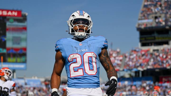 Oct 25, 2026; Nashville, Tennessee, USA;  Tennessee Titans running back Tony Pollard (20) celebrates his touchdown against the Cleveland Browns during the first half at Nissan Stadium. Mandatory Credit: Steve Roberts-Imagn Images