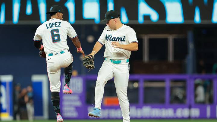  Miami Marlins center fielder Jakob Marsee (87) celebrates with shortstop Otto Lopez  Credit: Sam Navarro-Imagn Images