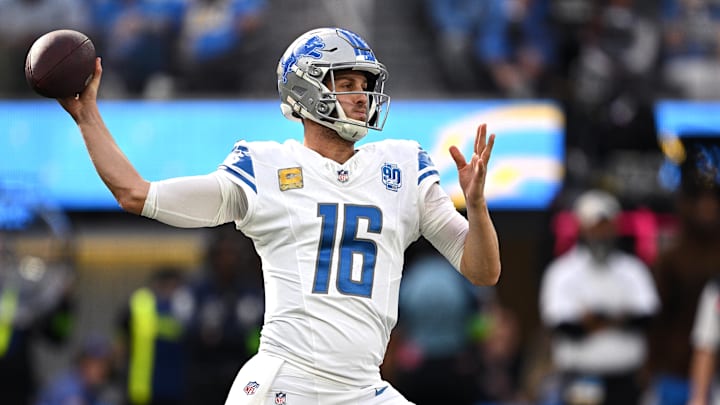 Nov 12, 2023; Inglewood, California, USA; Detroit Lions quarterback Jared Goff (16) throws a pass