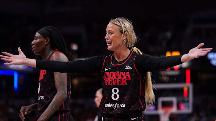 Indiana Fever guard Sophie Cunningham (8) reacts to a call from the referee on Tuesday, Aug. 12, 2025, during the game at Gainbridge Fieldhouse in Indianapolis. The Dallas Wings defeated the Indiana Fever, 81-80.