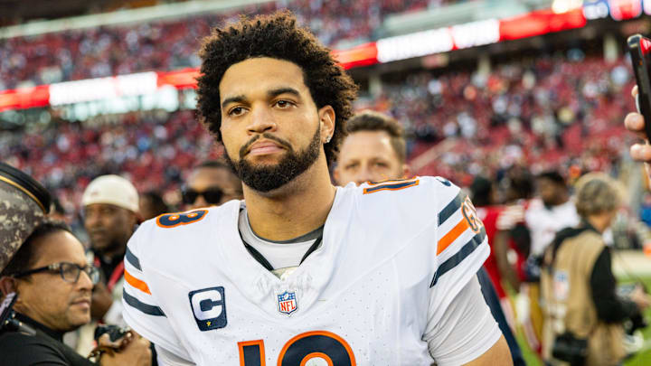 Dec 8, 2024; Santa Clara, California, USA; Chicago Bears quarterback Caleb Williams (18) looks on after the game against the San Francisco 49ers at Levi's Stadium. Mandatory Credit: Bob Kupbens-Imagn Images
