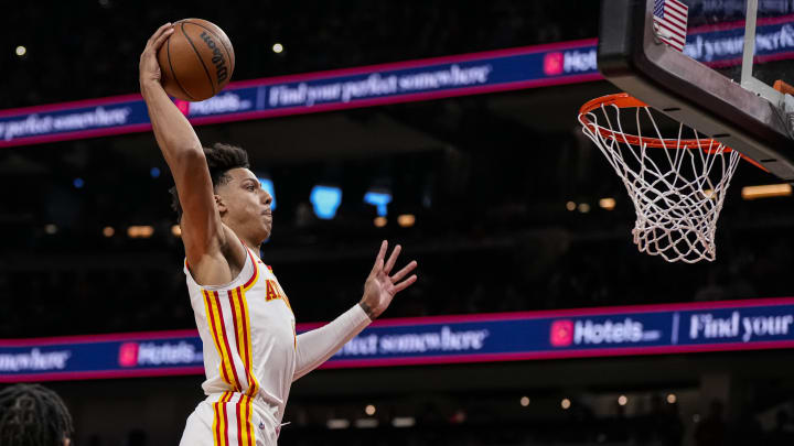 Apr 3, 2024; Atlanta, Georgia, USA; Atlanta Hawks forward Jalen Johnson (1) dunks the ball against