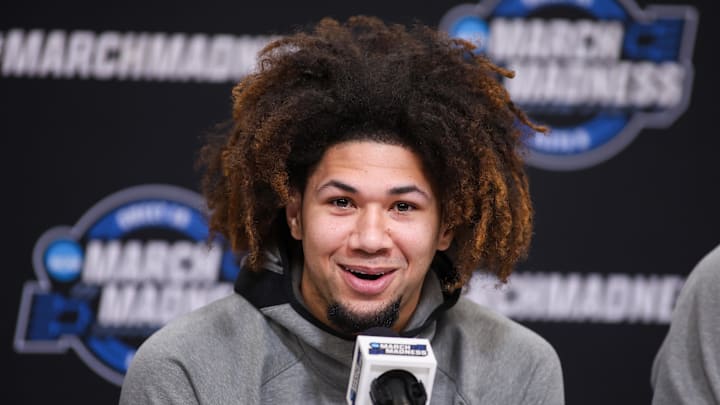 Tre Donaldson speaks before the 2025 NCAA men's tournament.