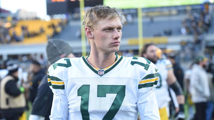 Nov 12, 2023; Pittsburgh, Pennsylvania, USA;   Green Bay Packers kicker Anders Carlson (17) following a game against the Pittsburgh Steelers at Acrisure Stadium. Mandatory Credit: Philip G. Pavely-Imagn Images