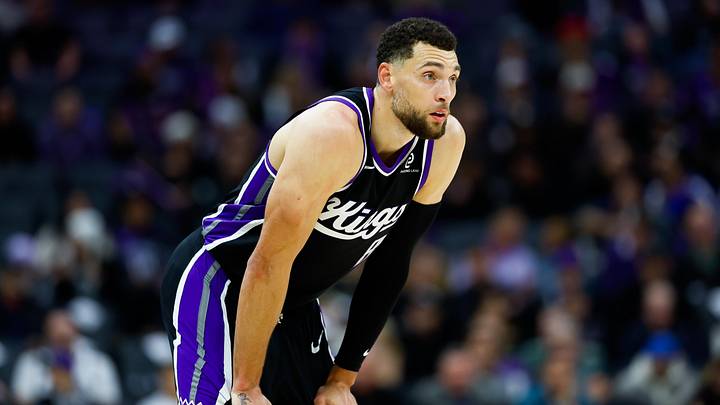 Jan 14, 2026; Sacramento, California, USA; Sacramento Kings guard Zach LaVine (8) looks on during the third quarter against the New York Knicks at Golden 1 Center.