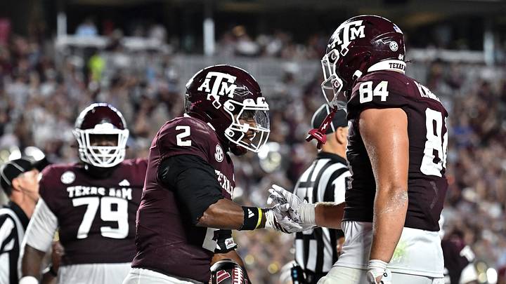 Sep 5, 2026; College Station, Texas, USA; Texas A&M Aggies running back Jamarion Morrow (2) celebrates after scoring a touchdown with tight end Richie Anderson III (84) during third quarter against the Missouri State Bears at Kyle Field. Mandatory Credit: Maria Lysaker-Imagn Images Sep 5, 2026; College Station, Texas, USA; Texas A&M Aggies running back Jamarion Morrow (2) celebrates after scoring a touchdown with tight end Richie Anderson III (84) during third quarter against the Missouri State Bears at Kyle Field. Mandatory Credit: Maria Lysaker-Imagn Images