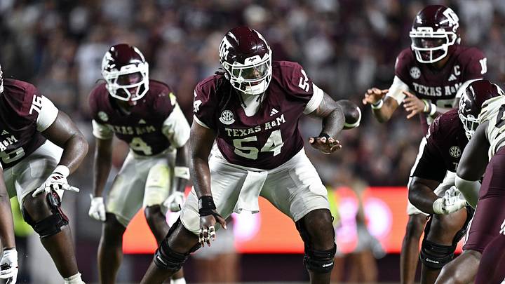 Texas A&M Aggies offensive lineman Mark Nabou Jr. (54) blocks during the second half against the Missouri State Bears at Kyle Field. Texas A&M Aggies offensive lineman Mark Nabou Jr. (54) blocks during the second half against the Missouri State Bears at Kyle Field.