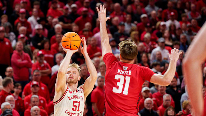 Nebraska forward Rienk Mast shoots against Wisconsin forward Nolan Winter. Mast is Huskers' leading scorer at 17.9 points per game. Nebraska forward Rienk Mast shoots against Wisconsin forward Nolan Winter. Mast is Huskers' leading scorer at 17.9 points per game.
