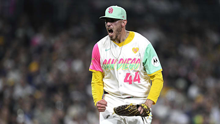 Sep 20, 2024; San Diego, California, USA; San Diego Padres starting pitcher Joe Musgrove (44) celebrates after a strikeout to end the top of the sixth inning against the Chicago White Sox at Petco Park. Mandatory Credit: Orlando Ramirez-Imagn Images Sep 20, 2024; San Diego, California, USA; San Diego Padres starting pitcher Joe Musgrove (44) celebrates after a strikeout to end the top of the sixth inning against the Chicago White Sox at Petco Park. Mandatory Credit: Orlando Ramirez-Imagn Images