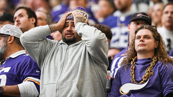 Nov 9, 2025; Minneapolis, Minnesota, USA; Minnesota Vikings fans look on late during the fourth quarter against the Baltimore Ravens at U.S. Bank Stadium. Mandatory Credit: Jeffrey Becker-Imagn Images