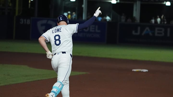 Sep 21, 2025; Tampa, Florida, USA; Tampa Bay Rays second base Brandon Lowe (8) runs the bases after hitting a home run against the Boston Red Sox during the sixth inning at George M. Steinbrenner Field. Mandatory Credit: Dave Nelson-Imagn Images