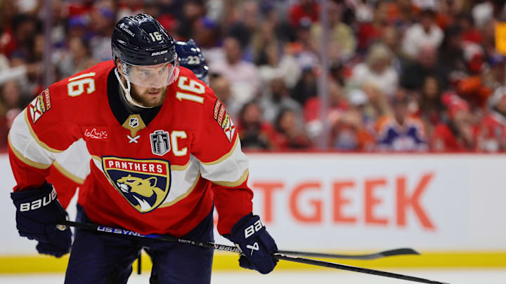 Jun 24, 2024; Sunrise, Florida, USA; Florida Panthers forward Aleksander Barkov (16) awaits the start of play  during the third period against the Edmonton Oilers in game seven of the 2024 Stanley Cup Final at Amerant Bank Arena. Mandatory Credit: Sam Navarro-Imagn Images
