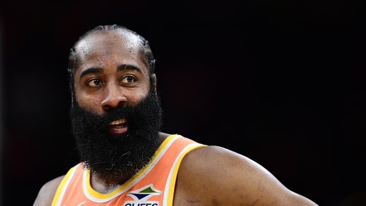 Mar 24, 2026; Cleveland, Ohio, USA; Cleveland Cavaliers guard James Harden (1) watches a free throw attempt during the second half against the Orlando Magic at Rocket Arena. Mandatory Credit: David Dermer-Imagn Images