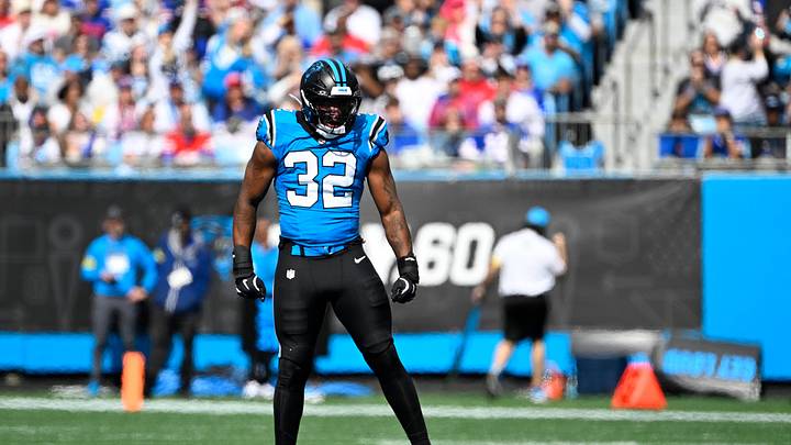 Oct 26, 2025; Charlotte, North Carolina, USA; Carolina Panthers linebacker Trevin Wallace (32) reacts in the first quarter at Bank of America Stadium. Mandatory Credit: Bob Donnan-Imagn Images