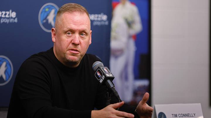 Sep 29, 2025; Minneapolis, MN, USA; Minnesota Timberwolves president of basketball operations Tim Connelly speaks to the media during media day at Target Center. Mandatory Credit: Bruce Kluckhohn-Imagn Images