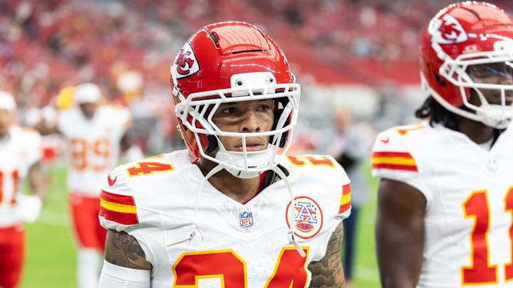 Aug 9, 2025; Glendale, Arizona, USA; Kansas City Chiefs wide receiver Skyy Moore (24) against the Arizona Cardinals during a preseason NFL game at State Farm Stadium. Mandatory Credit: Mark J. Rebilas-Imagn Images