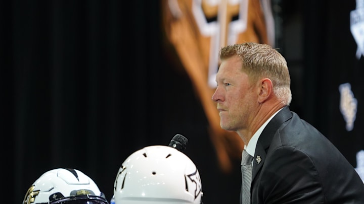 Jul 8, 2025; Frisco, TX, USA; UCF head coach Scott Frost addresses the media during 2025 Big 12 Football Media Days at The Star. Mandatory Credit: Raymond Carlin III-Imagn Images