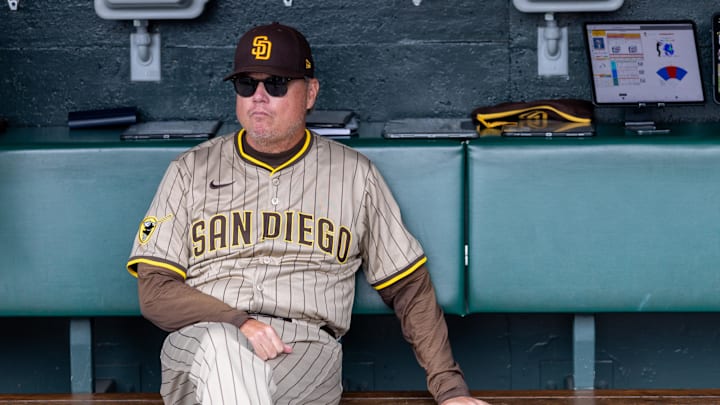 Aug 13, 2025; San Francisco, California, USA;  San Diego Padres manager Mike Shildt sits in the dugout before the game against the San Francisco Giants at Oracle Park. Mandatory Credit: Bob Kupbens-Imagn Images