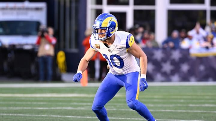 Nov 17, 2024; Foxborough, Massachusetts, USA; Los Angeles Rams wide receiver Cooper Kupp (10) lines up against the New England Patriots during the second half at Gillette Stadium. Mandatory Credit: Eric Canha-Imagn Images Nov 17, 2024; Foxborough, Massachusetts, USA; Los Angeles Rams wide receiver Cooper Kupp (10) lines up against the New England Patriots during the second half at Gillette Stadium. Mandatory Credit: Eric Canha-Imagn Images