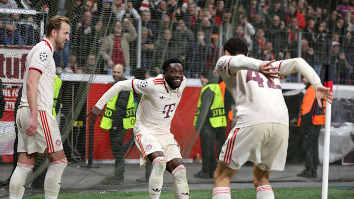 Bayern Munich players celebrating a goal against Bayer Leverkusen on Tuesday.