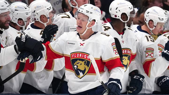 Brady Tkachuk celebrating one of his three goals in his second period natural hat trick against the Columbus Blue Jackets