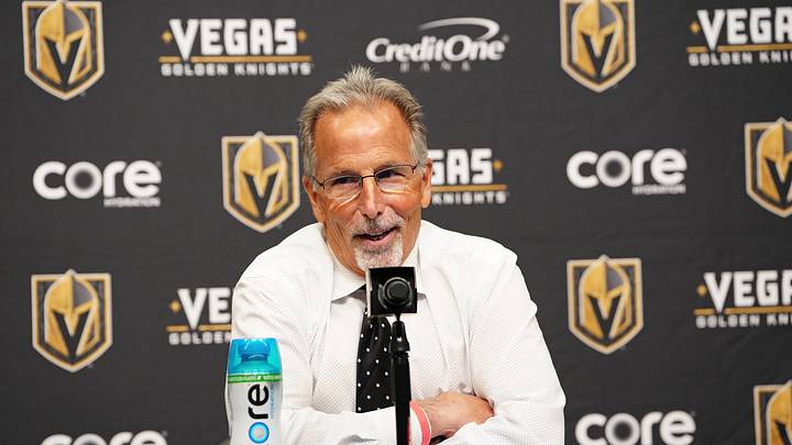 Mar 30, 2026; Las Vegas, Nevada, USA; Vegas Golden Knights head coach John Tortorella holds a presser after the Golden Knights defeated the Vancouver Canucks 4-2 at T-Mobile Arena. Mandatory Credit: Stephen R. Sylvanie-Imagn Images