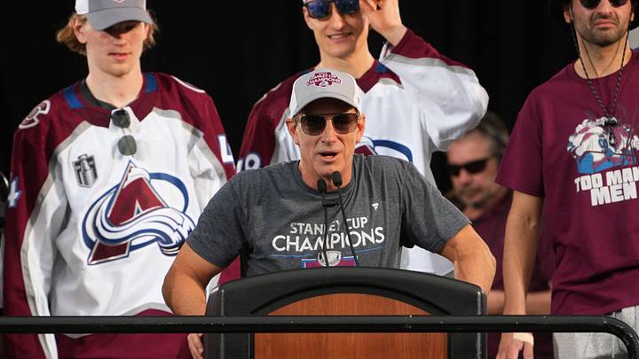 Jun 30, 2022; Denver, Colorado, USA; Colorado Avalanche general manager Joe Sakic speaks during the Stanley Cup Championship Celebration. Mandatory Credit: Ron Chenoy-Imagn Images Jun 30, 2022; Denver, Colorado, USA; Colorado Avalanche general manager Joe Sakic speaks during the Stanley Cup Championship Celebration. Mandatory Credit: Ron Chenoy-Imagn Images