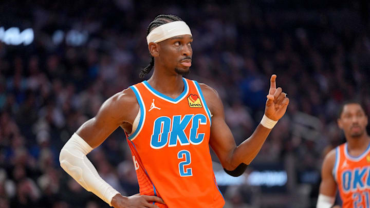 Oklahoma City Thunder guard Shai Gilgeous-Alexander looks towards the team bench during a break in the action against the Golden State Warriors in the first quarter at the Chase Center.