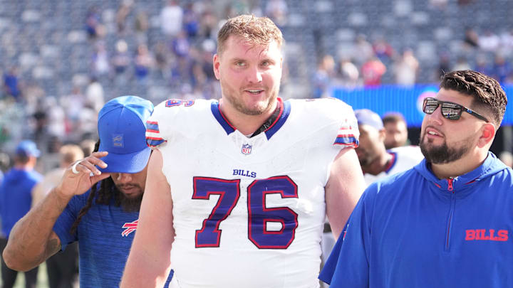 Sep 14, 2025; East Rutherford, New Jersey, USA;  Buffalo Bills guard David Edwards (76) after the game against the New York Jets at MetLife Stadium. Mandatory Credit: Robert Deutsch-Imagn Images