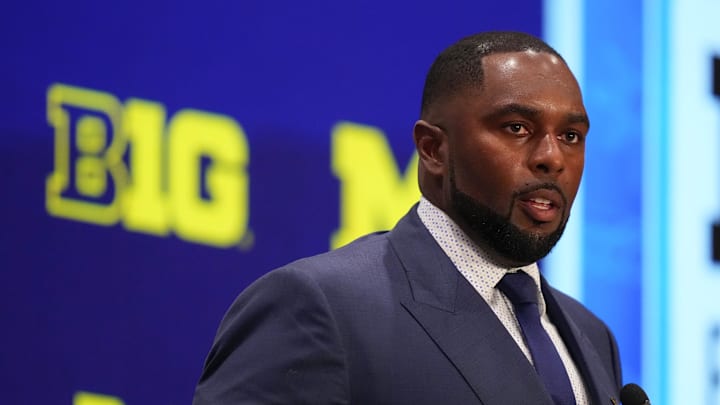 Jul 24, 2025; Las Vegas, NV, USA; Michigan head coach Sherrone Moore speaks to the media during the Big Ten NCAA college football media days at Mandalay Bay Resort. Mandatory Credit: Lucas Peltier-Imagn Images