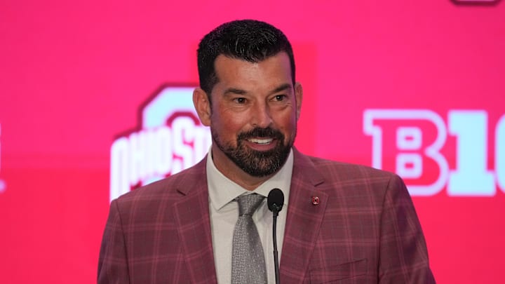 Jul 22, 2025; Las Vegas, NV, USA; Ohio State head coach Ryan Day speaks to the media during the Big Ten NCAA college football media days at Mandalay Bay Resort. Mandatory Credit: Lucas Peltier-Imagn Images