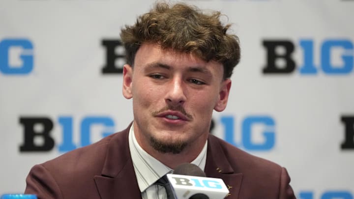 Jul 22, 2025; Las Vegas, NV, USA; Indiana linebacker Aiden Fisher speaks to the media during the Big Ten NCAA college football media days at Mandalay Bay Resort. Mandatory Credit: Lucas Peltier-Imagn Images