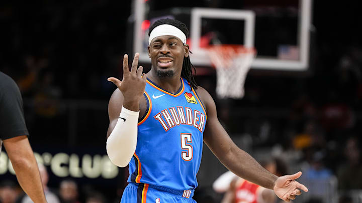 Jan 3, 2024; Atlanta, Georgia, USA; Oklahoma City Thunder guard Luguentz Dort (5) reacts to the