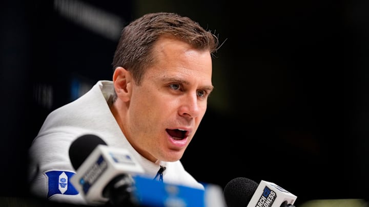 Mar 21, 2024; Brooklyn, NY, USA; Duke basketball coach Jon Scheyer talks to the media at a press conference at