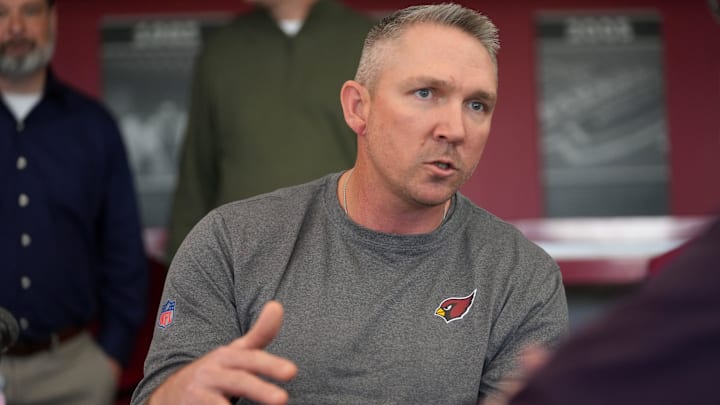 Arizona Cardinals tight ends coach Ben Steele speaks with the media as he is introduced as a new hire with fellow coaches at the Cardinals facility in Tempe on March 8, 2023.

Nfl Cardinals Offensive Assistant Coaches Introduction
