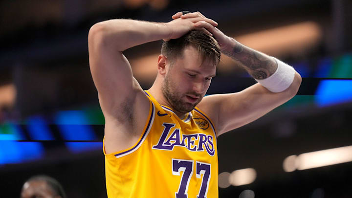 Jan 12, 2026; Sacramento, California, USA; Los Angeles Lakers guard Luka Doncic (77) reacts after being fouled against the Sacramento Kings in the second quarter at the Golden 1 Center. Mandatory Credit: Cary Edmondson-Imagn Images
