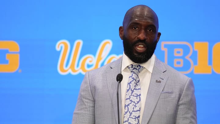 Jul 24, 2025; Las Vegas, NV, USA; UCLA head coach DeShaun Foster speaks to the media during the Big Ten NCAA college football media days at Mandalay Bay Resort. Mandatory Credit: Lucas Peltier-Imagn Images