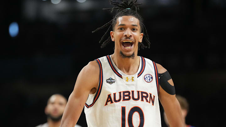 Apr 5, 2025; San Antonio, TX, USA; Auburn Tigers guard Chad Baker-Mazara (10) reacts after making a basket against the Florida Gators in the semifinals of the men's Final Four of the 2025 NCAA Tournament at the Alamodome.