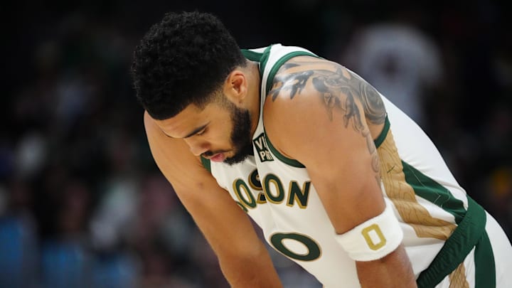 Mar 7, 2024; Denver, Colorado, USA; Boston Celtics forward Jayson Tatum (0) during the fourth