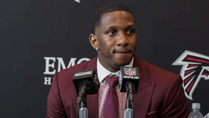 Apr 26, 2024; Flowery Branch, GA, USA; Atlanta Falcons first round draft pick quarterback Michael