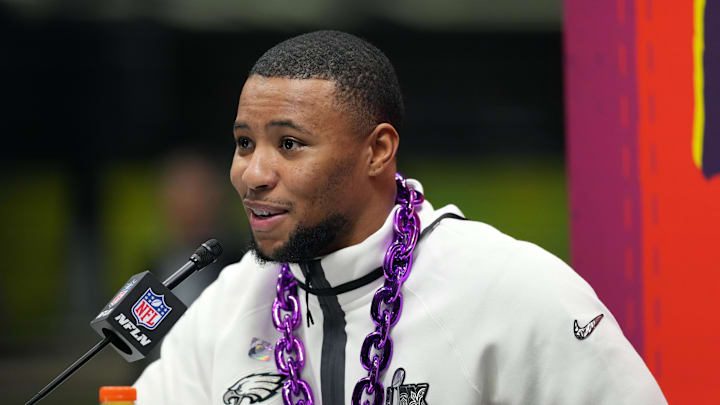Feb 3, 2025; New Orleans, LA, USA; Philadelphia Eagles running back Saquon Barkley speaks during Super Bowl LIX Opening Night at Ceasars Superdome. Mandatory Credit: James Lang-Imagn Images